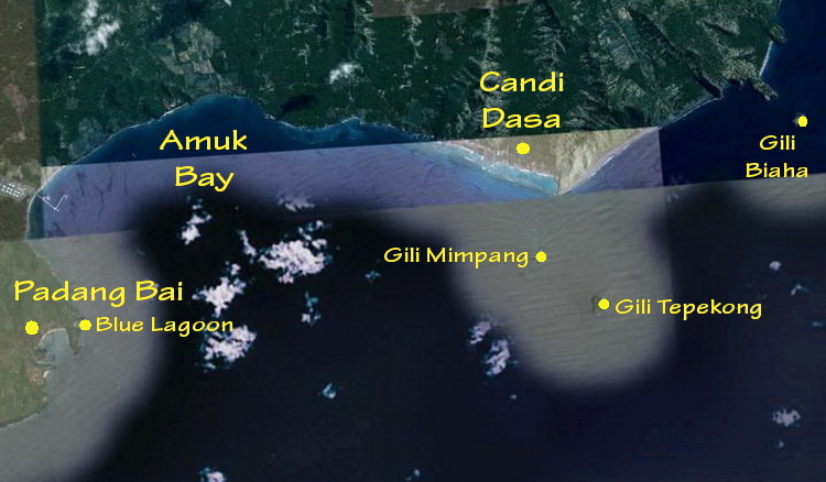 Amuk Bay map showing the main dive sites